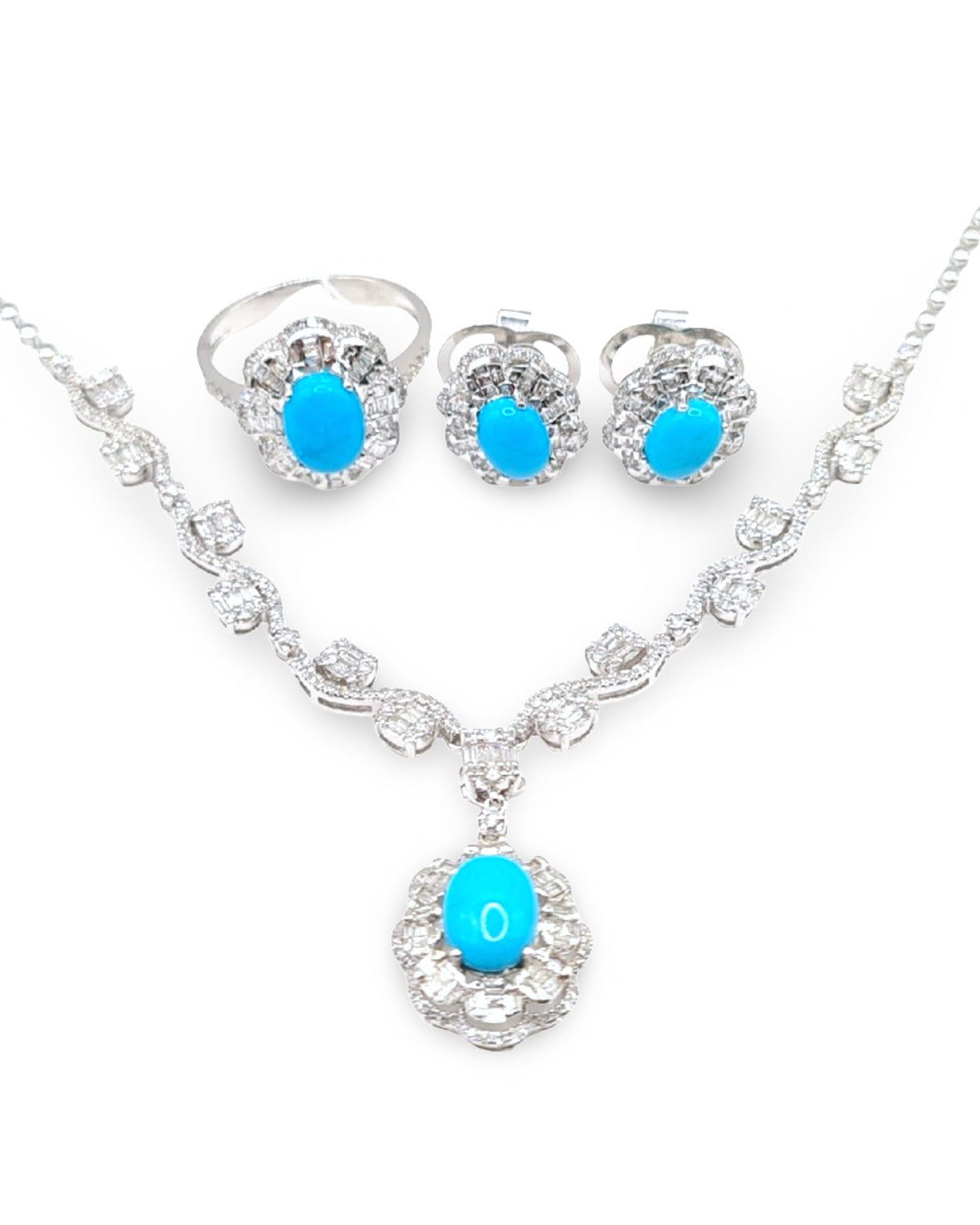 Turquoise Gemstones Floral Cluster Halo Diamond Jewelry Set 14K
