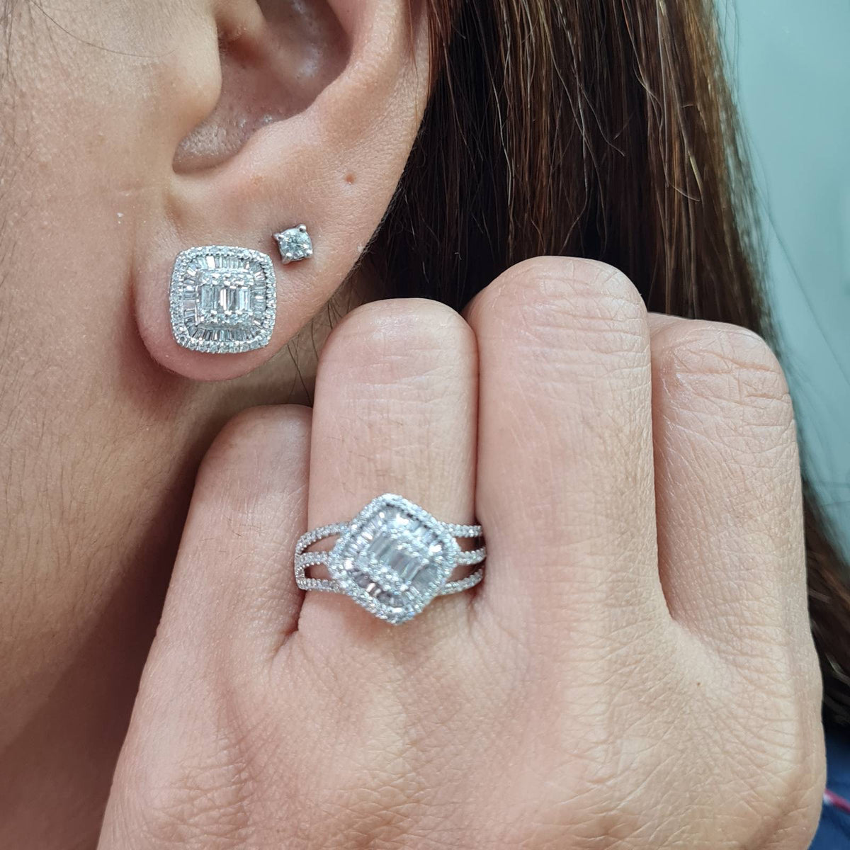 Classic Cushion Paved Stud Diamond Jewelry Set 14K