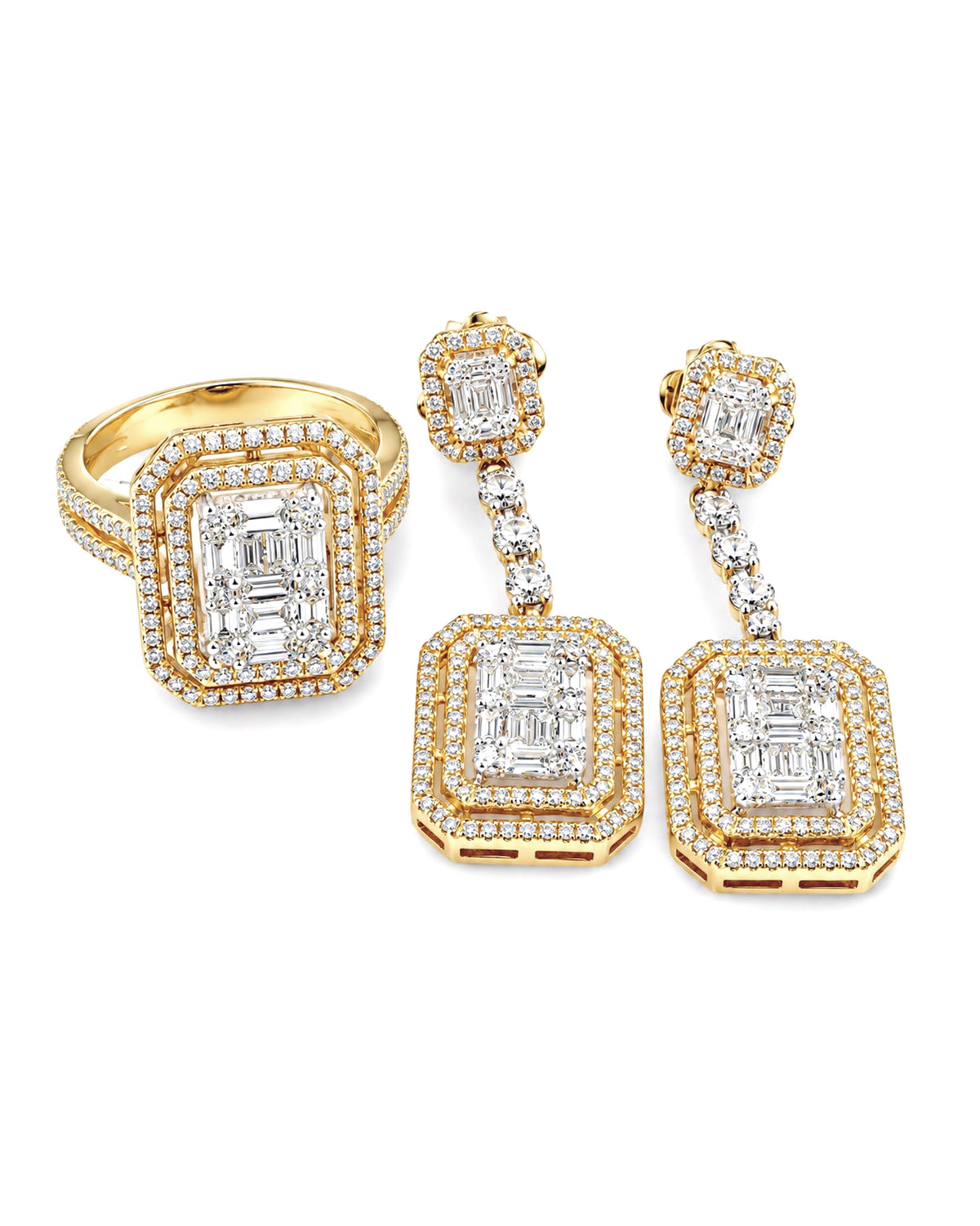 Classic Emerald Halo Dangling Diamond Jewelry Set 14K