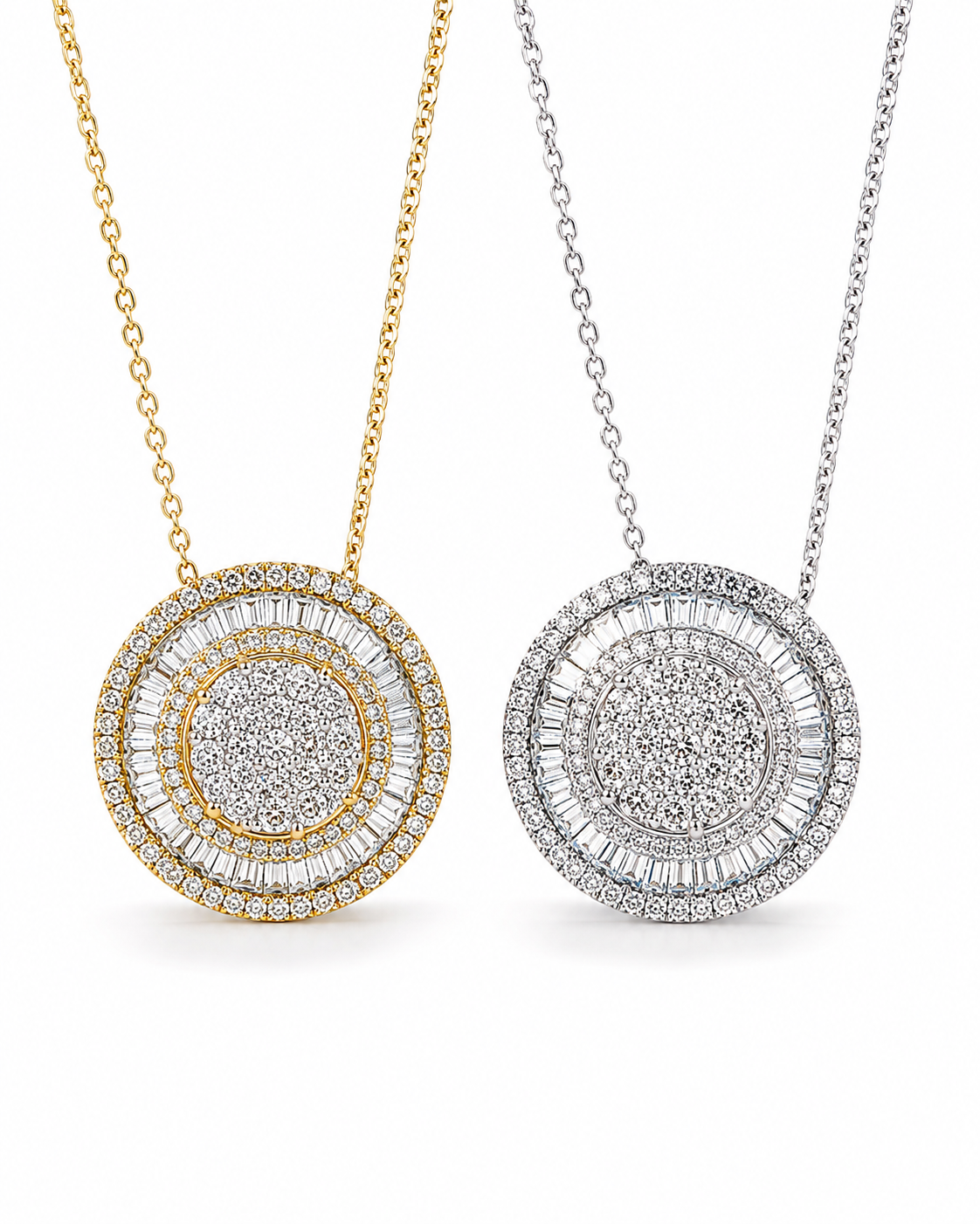 Classic Round Large Baguette Diamond Necklace 14K