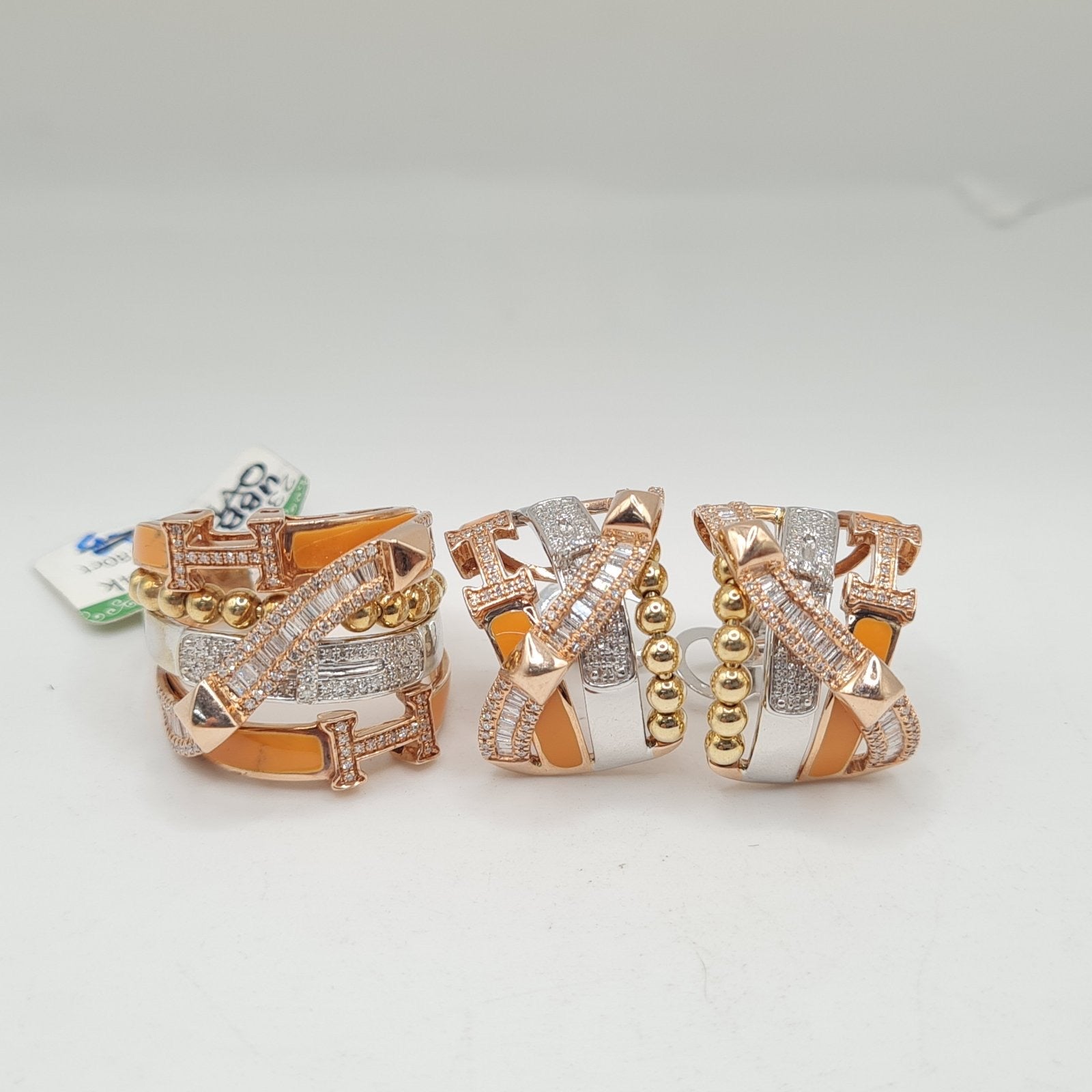 Three Tone Crossover Deco Enamel Diamond Jewelry Set 14K