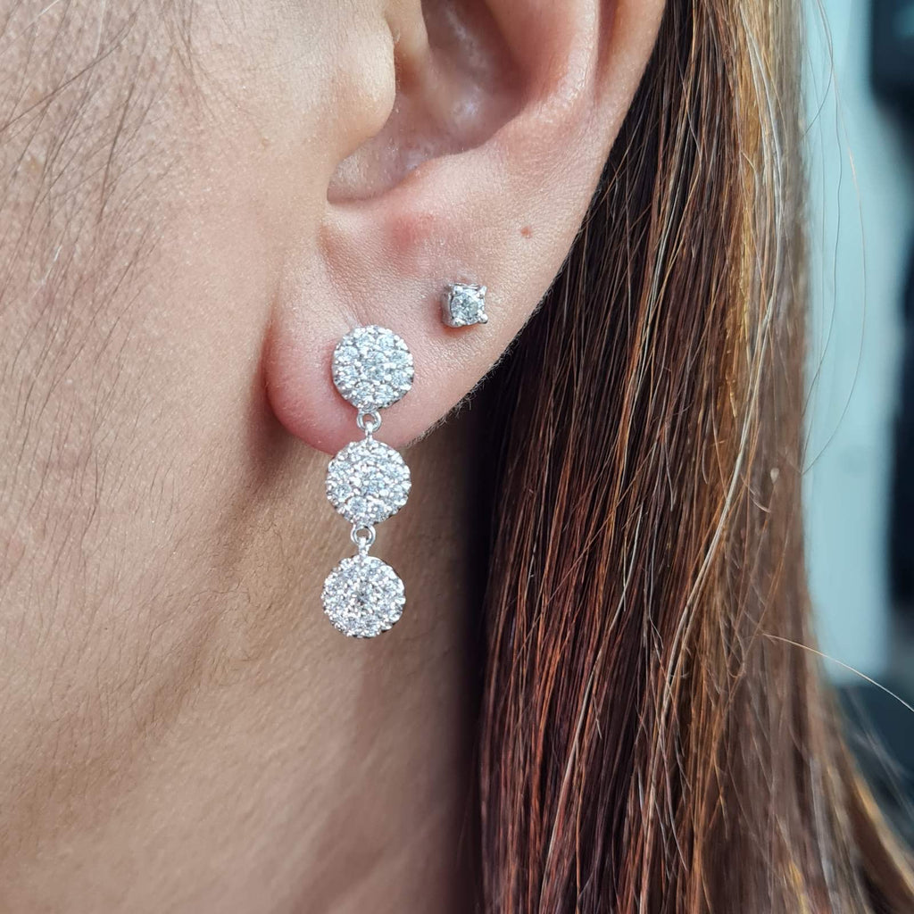 Trio Round Drop Rosette Setting Diamond Earrings 18K