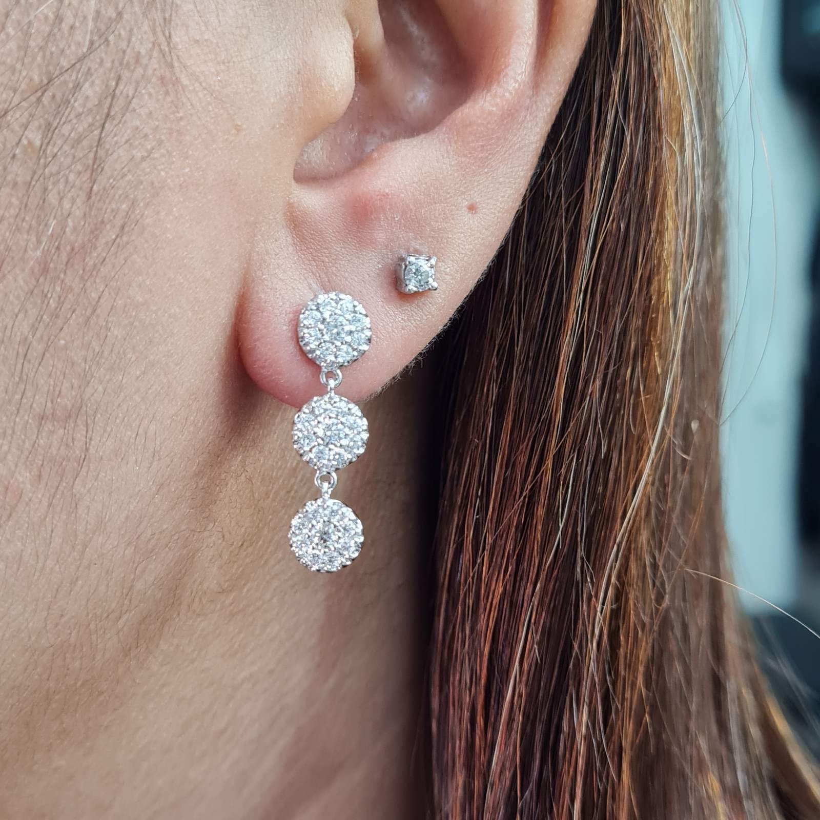 Trio Round Drop Rosette Setting Diamond Earrings 18K