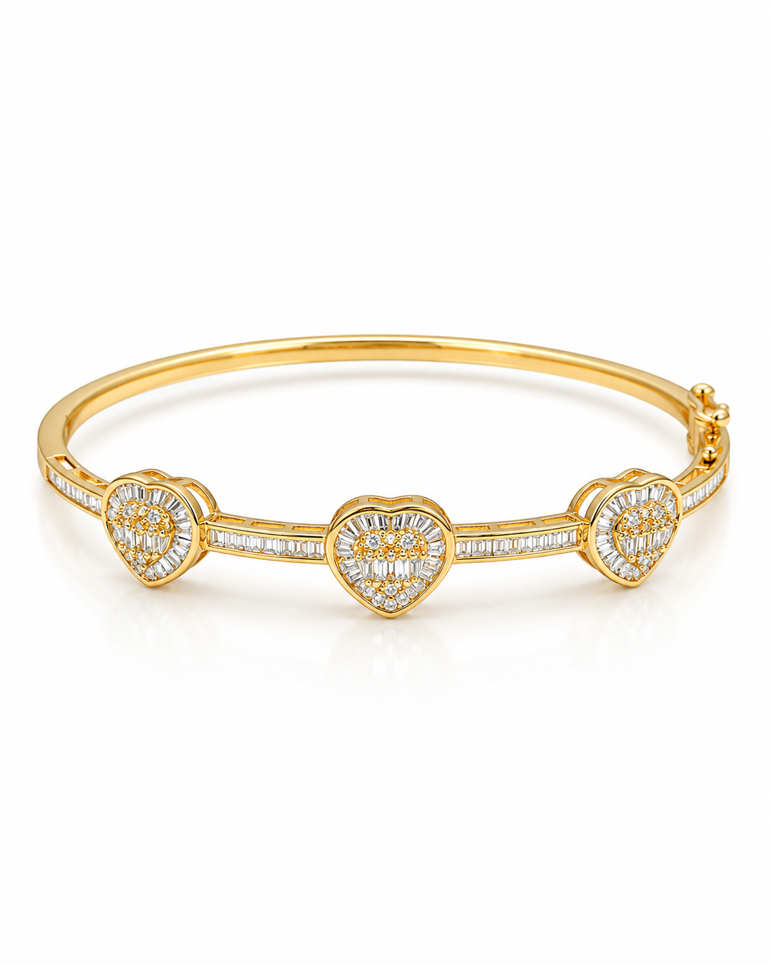 Classic Heart Trio Baguette Pave Diamond Bracelet Bangle 14K
