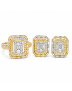 Golden Classic Emerald Baguette Double Halo Paved Diamond Jewelry Set 14K