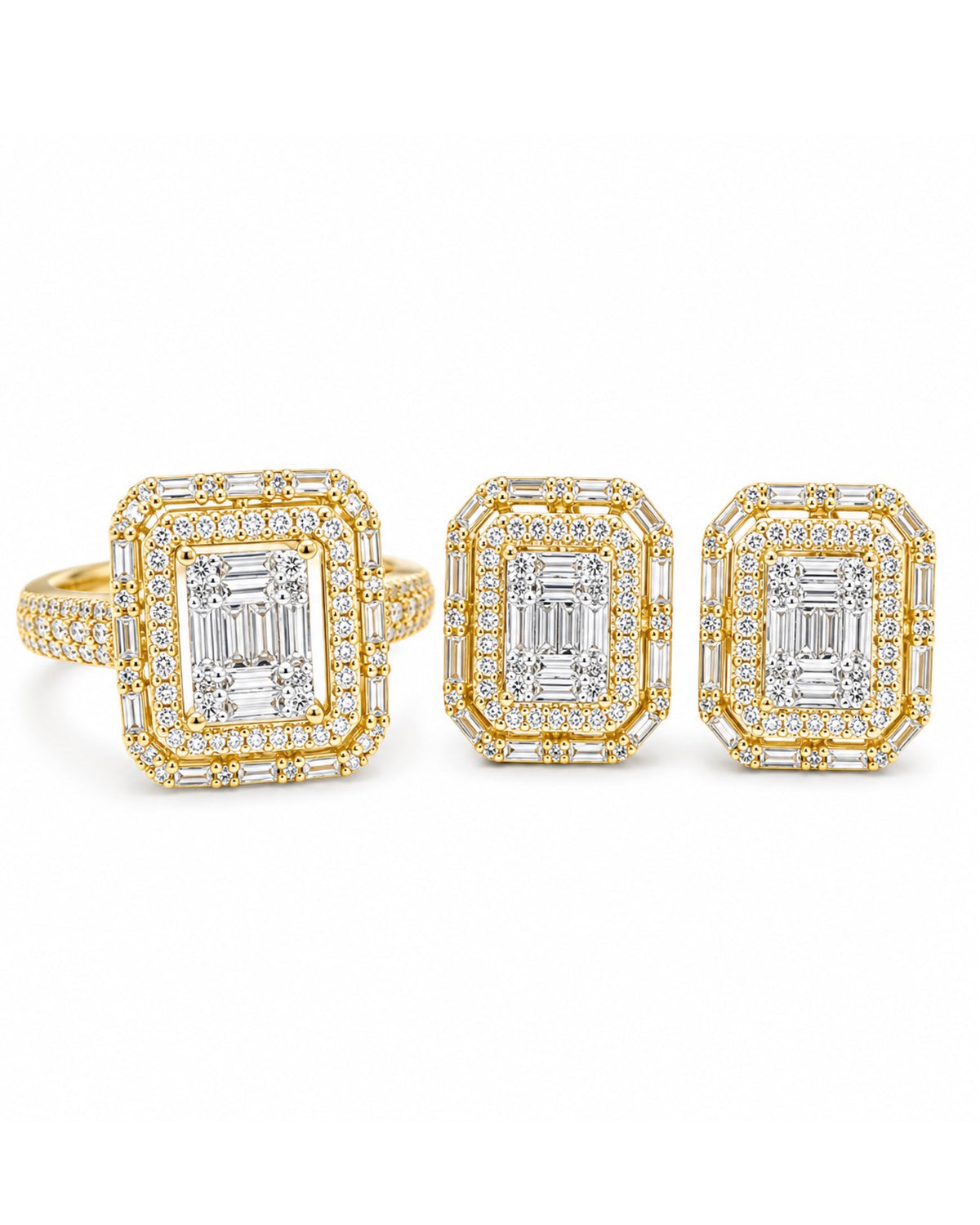 Golden Classic Emerald Baguette Double Halo Paved Diamond Jewelry Set 14K