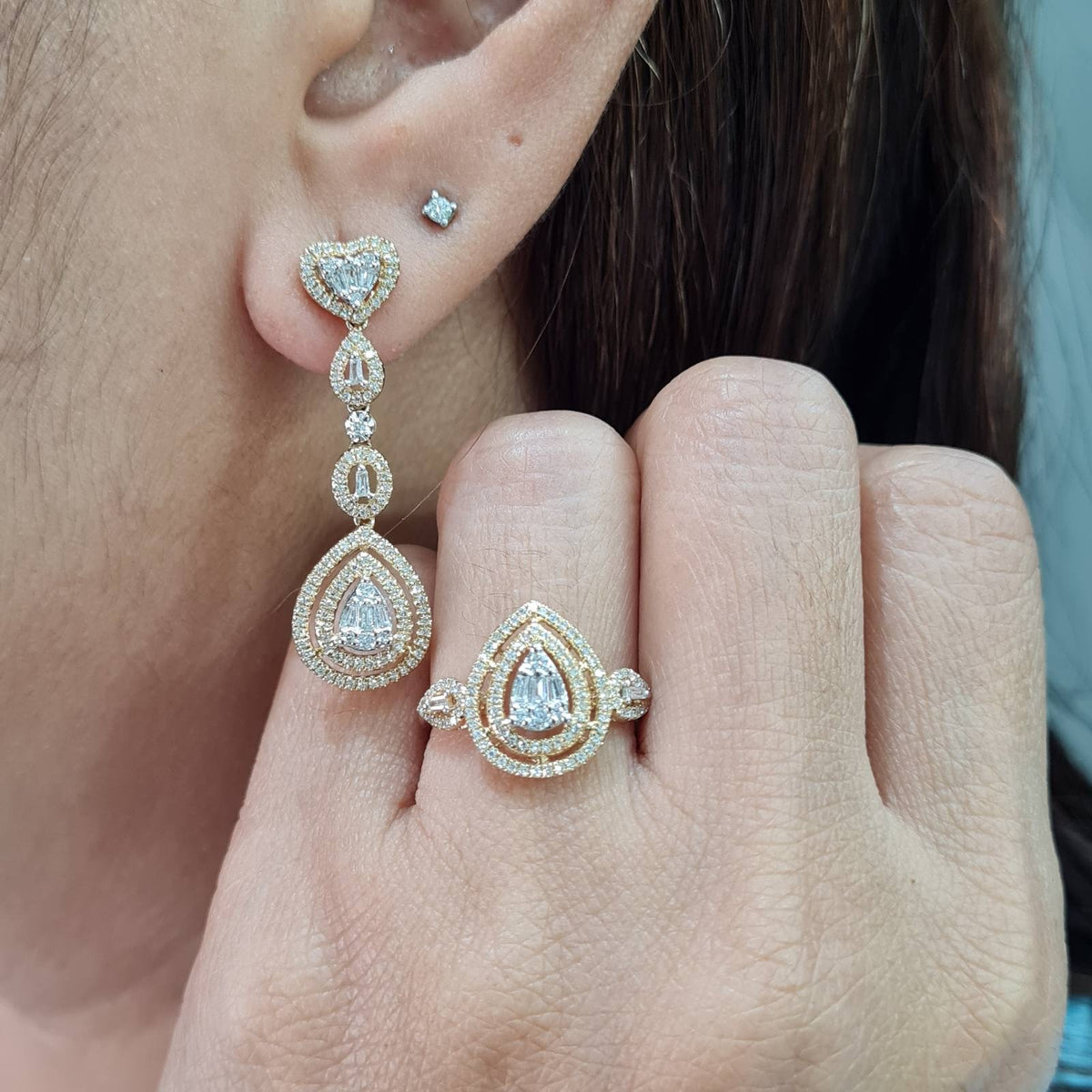 Classic Pear Heart Halo Paved Dangling Diamond Jewelry Set 14K
