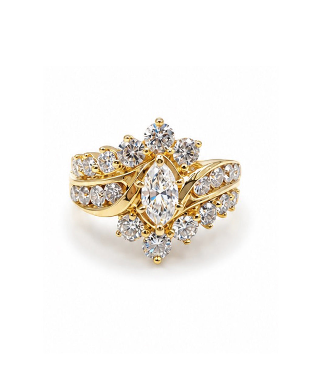 Classic Golden Marquise Solitaire Cluster Diamond Ring 14K