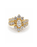 Classic Golden Marquise Solitaire Cluster Diamond Ring 14K