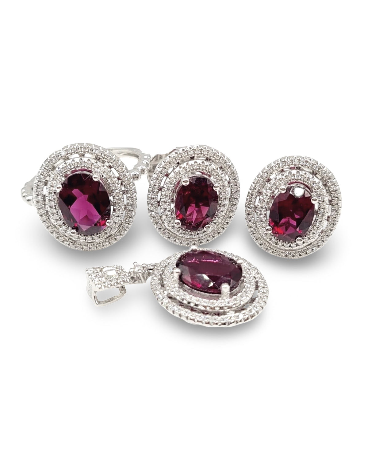 Oval Ruby Gemstones Double Halo Diamond Jewelry Set 14K