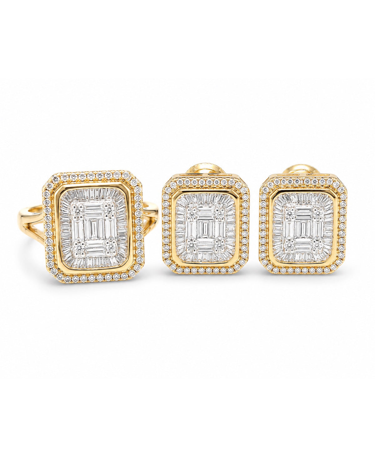 Golden Classic Emerald Baguette Diamond Jewelry Set 14K