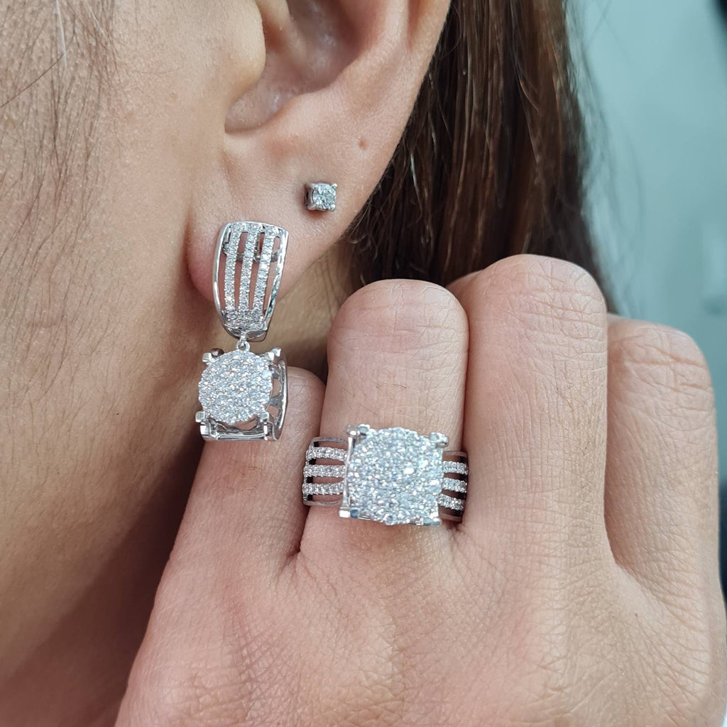 Classic Round Paved Dangling Diamond Jewelry Set 14K