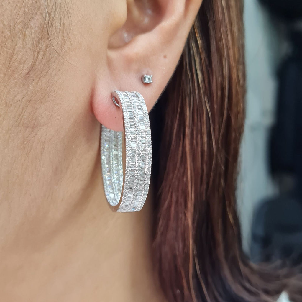 Classic Large Baguette Hoop Statement Diamond Earrings 14K