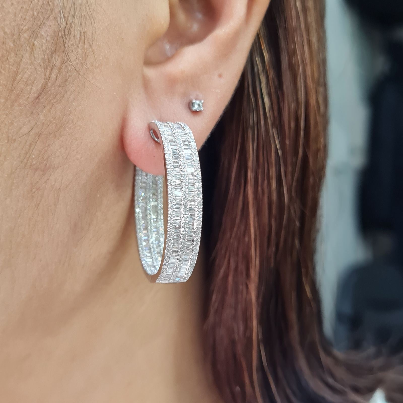 Classic Large Baguette Hoop Statement Diamond Earrings 14K