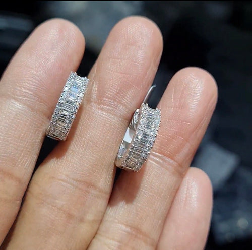 Classic Baguette Half Eternity Hoop Diamond Earrings 18K