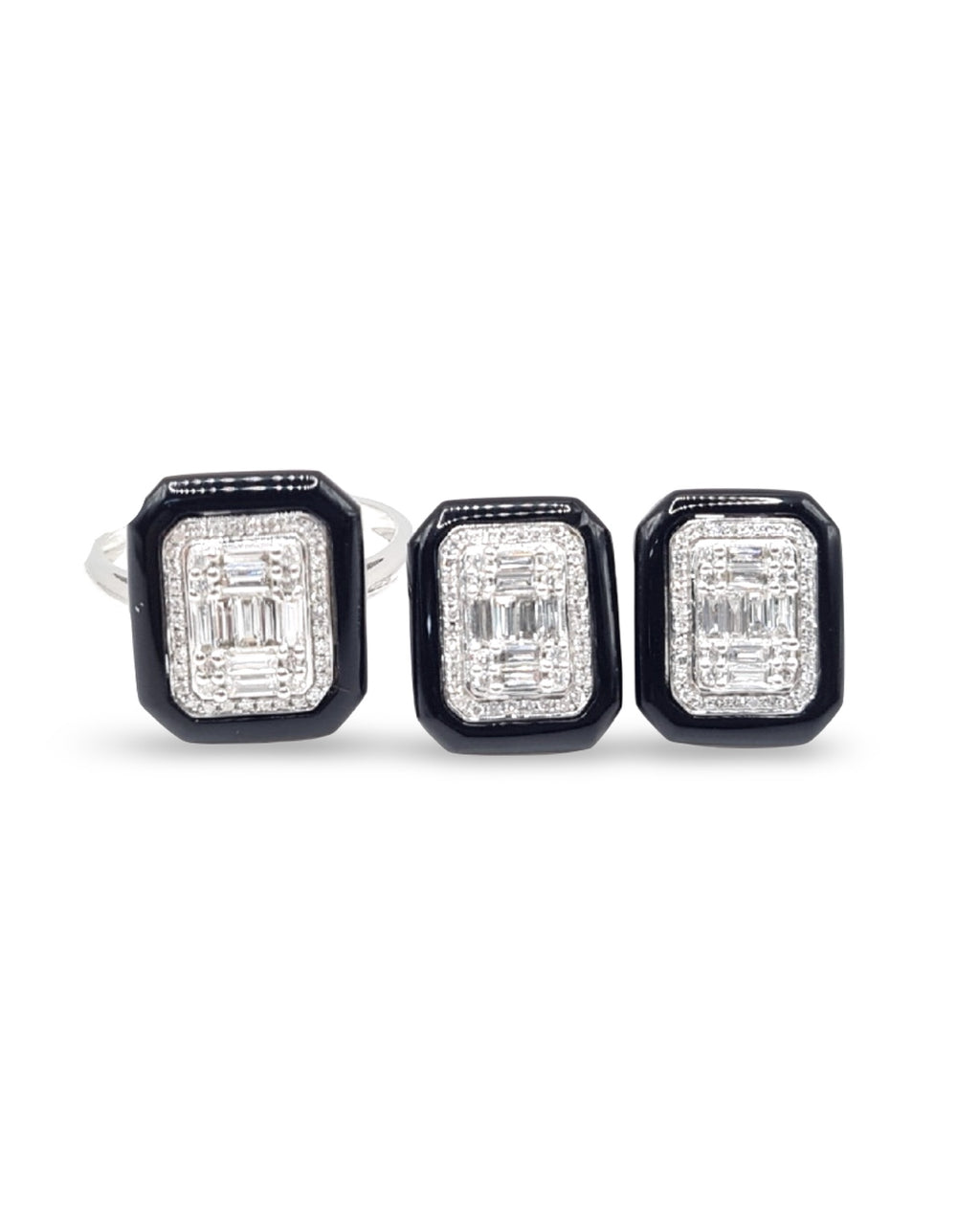 Emerald Onyx Gemstones Stud Diamond Jewelry Set 14K