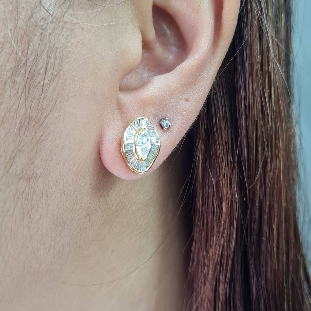 Classic Baguette Marquise Stud Diamond Earrings 14K