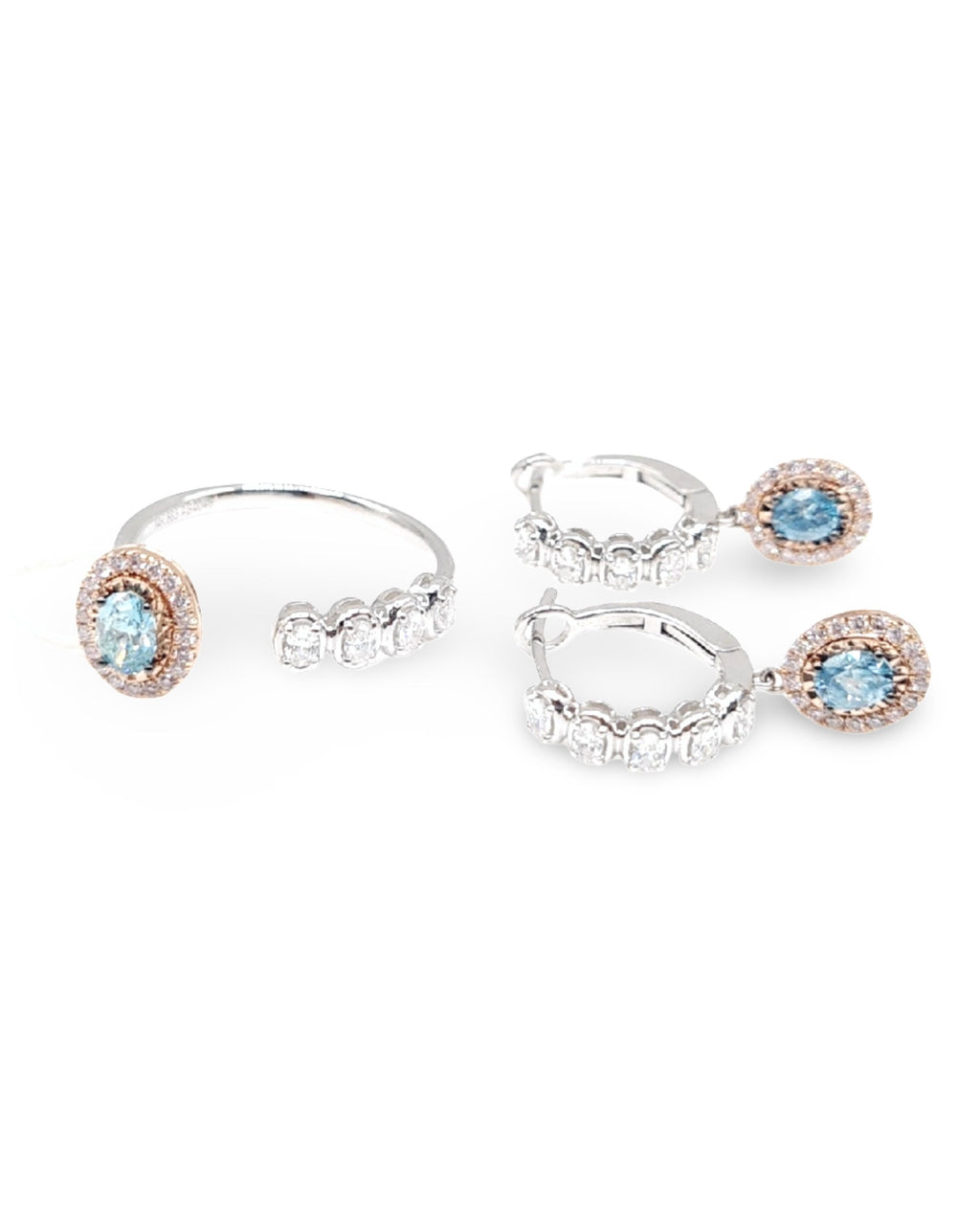 Rare Fancy Blue Diamond Overlap Hoop Dangling Diamond Jewelry Set 14K