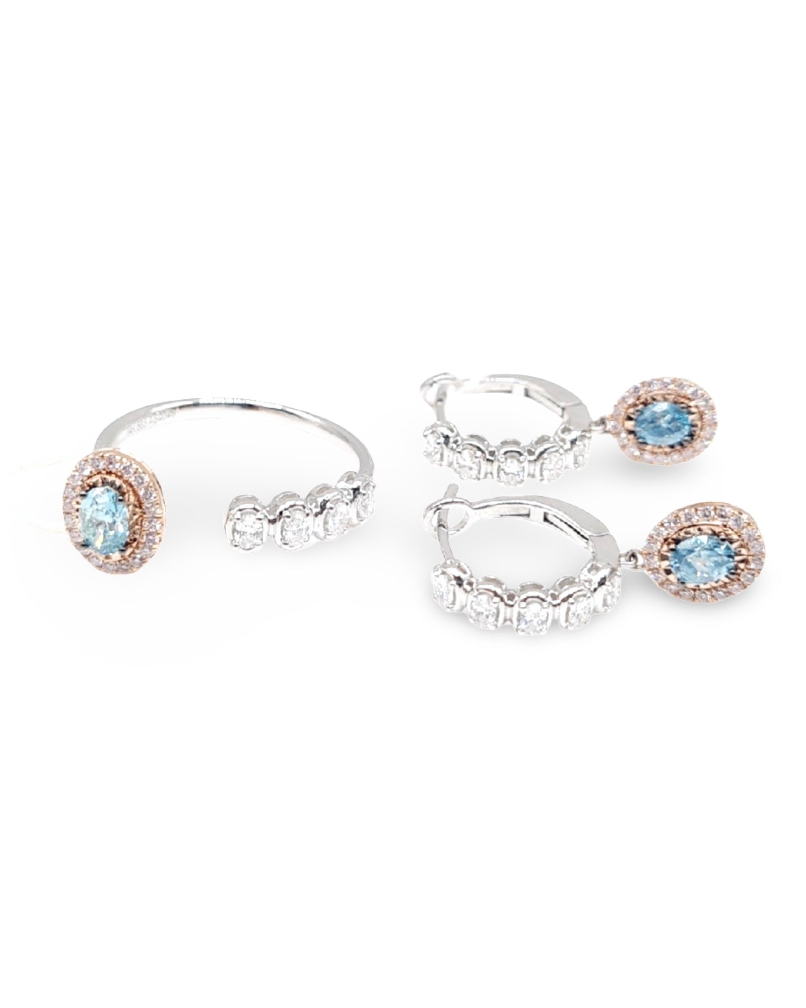 Rare Fancy Blue Diamond Overlap Hoop Dangling Diamond Jewelry Set 14K