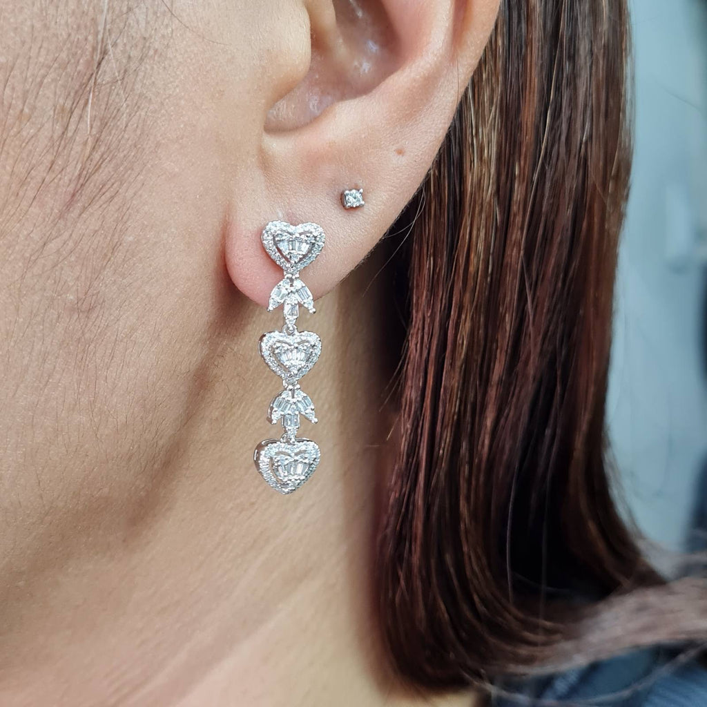 Classic Heart Halo Leaf Dangling Diamond Earrings 14K