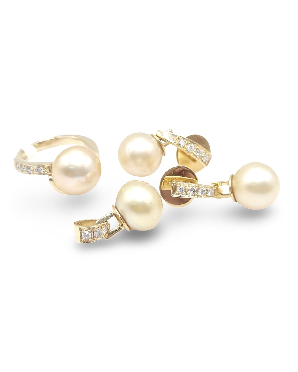 11mm South Sea Pearl Golden Paved Diamond Jewelry Set 14K