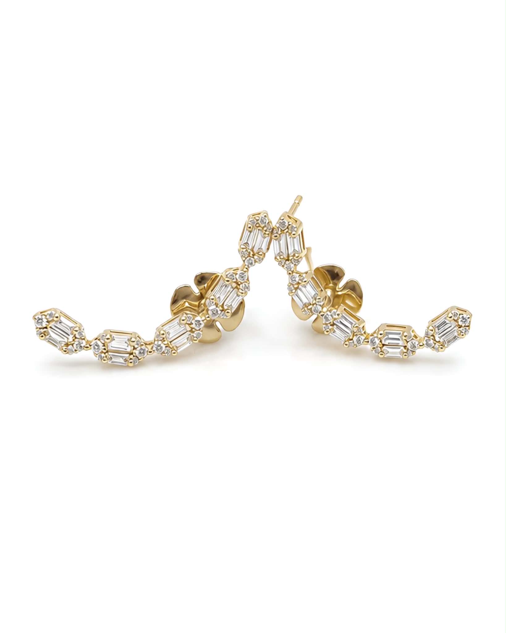 Classic Golden Baguette Ear Crawler Diamond Earrings 18K