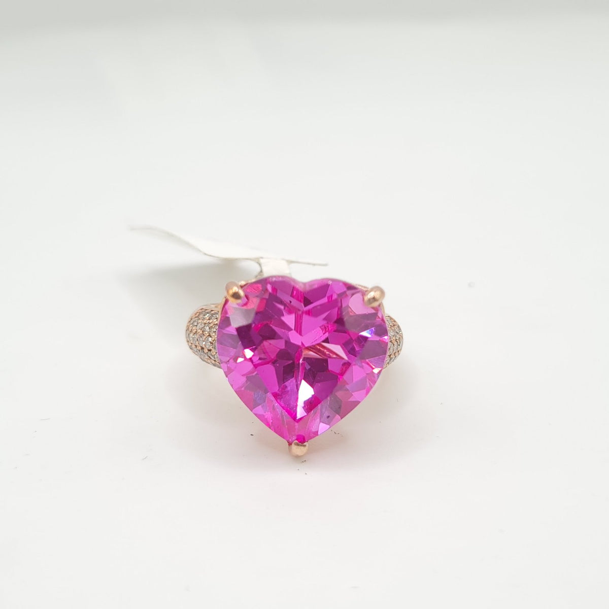 Heart Pink Amethyst Gemstones Rosegold Paved Diamond Ring 14K