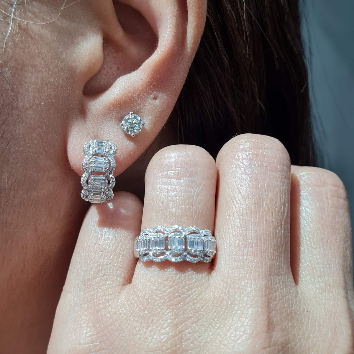 Classic Hoop Oval Baguette Half Eternity Diamond Jewelry Set 14K