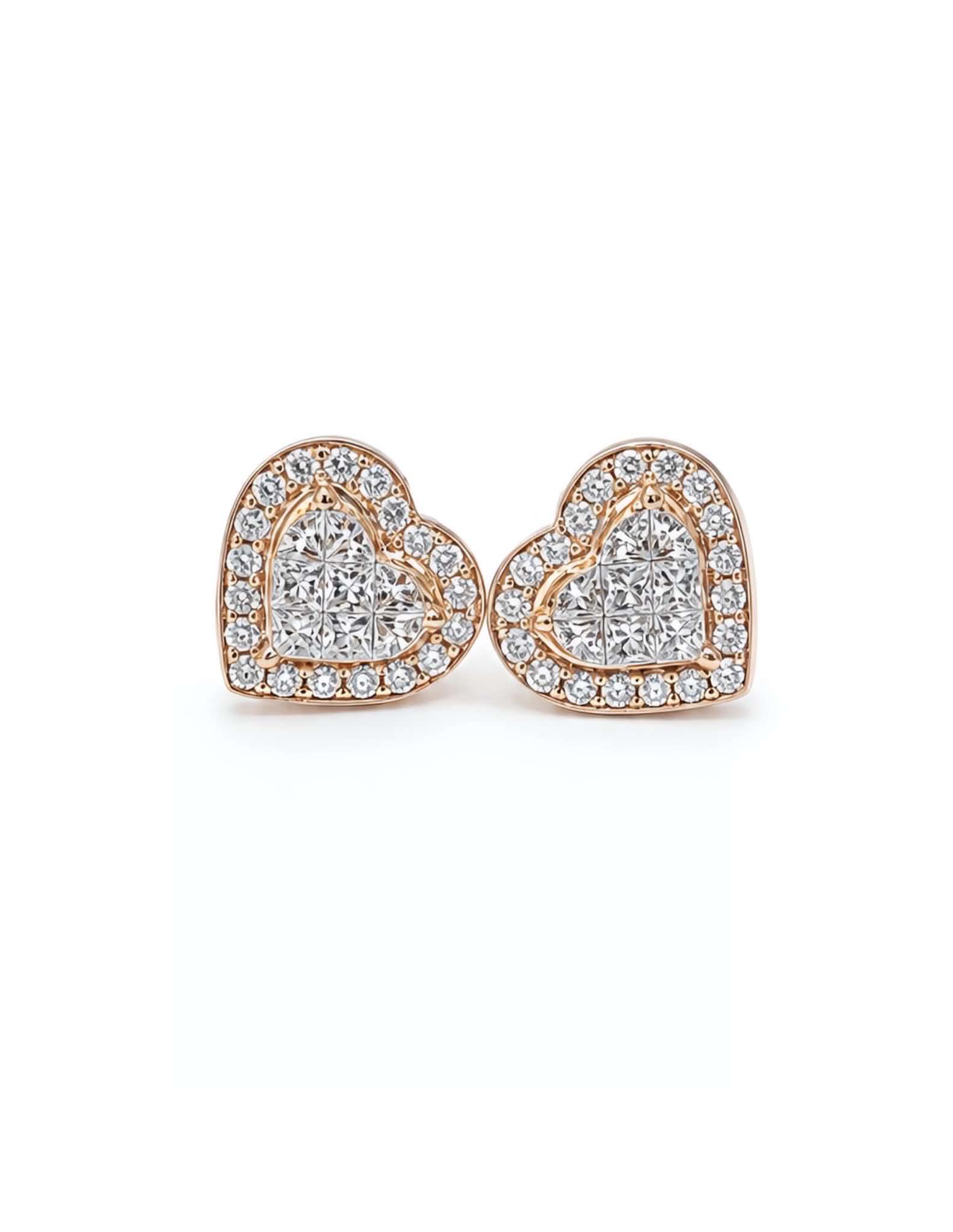 Classic Heart Halo Invisible Setting Stud Rosegold Diamond Earrings 18K