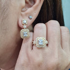 Golden Classic Emerald Double Halo Dangling  Diamond Jewelry Set 14K