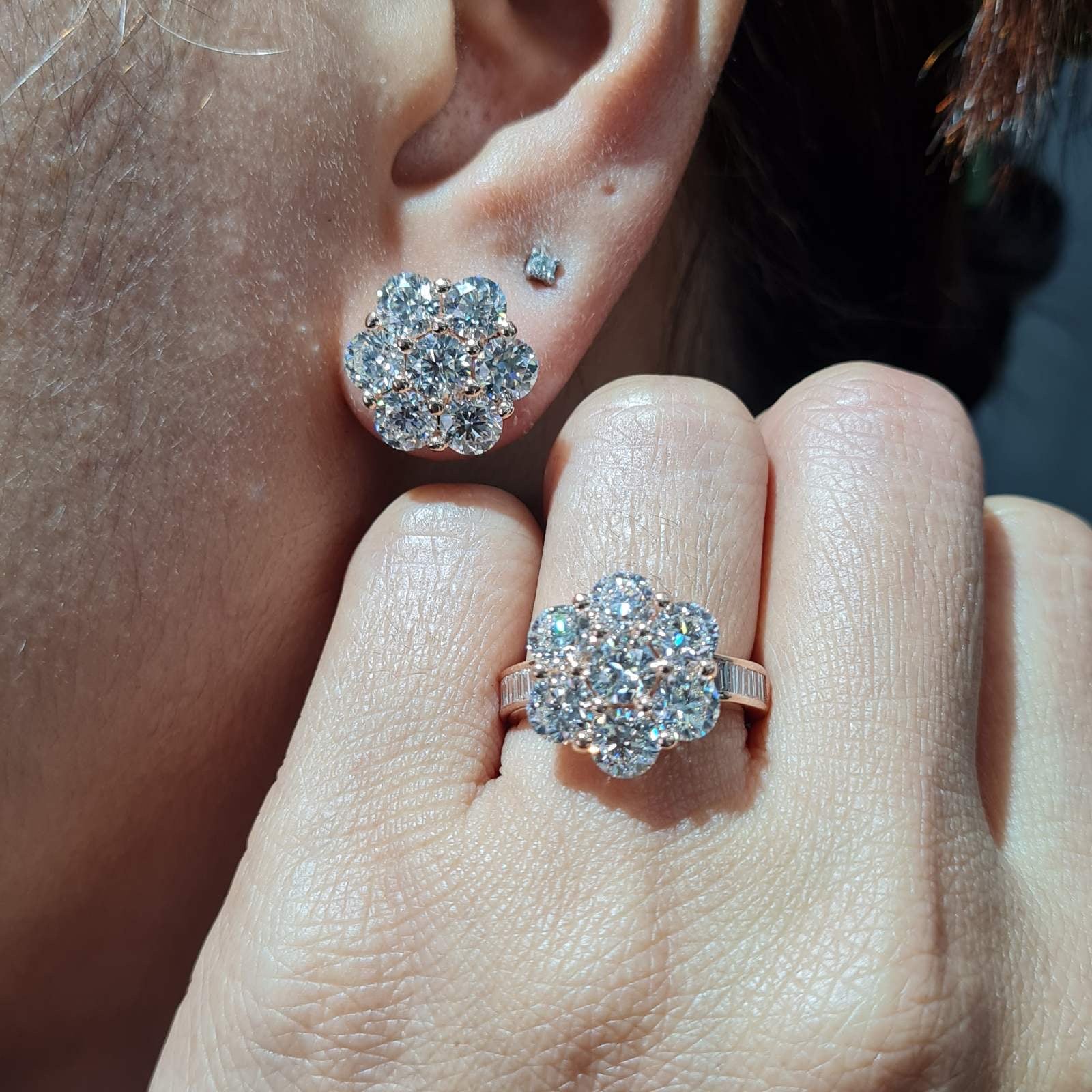 10.50cts Classic Round Floral Rosegold Stud Diamond Jewelry Set 18K GIA