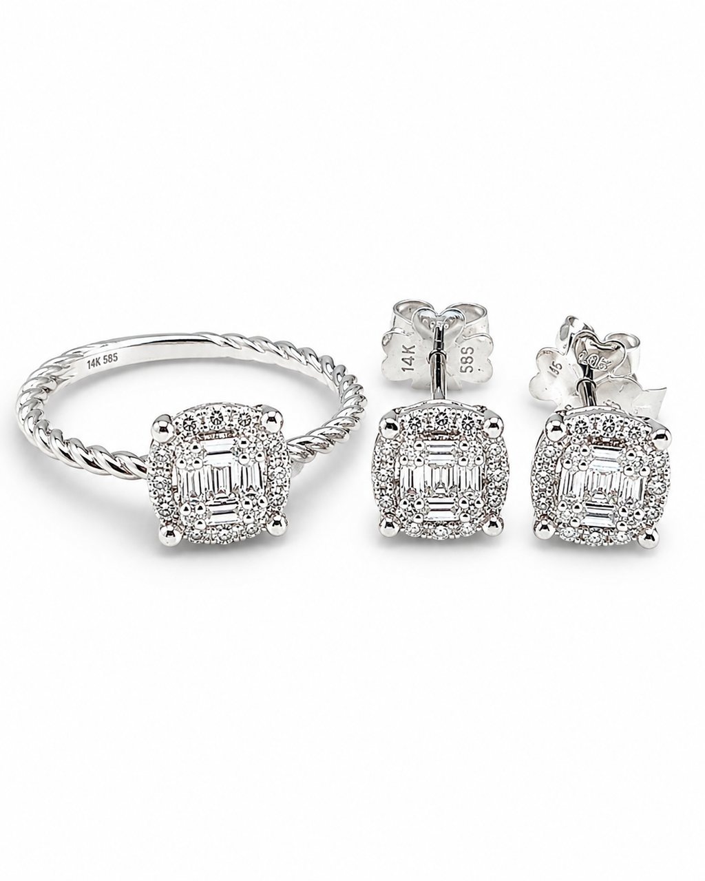 Classic Round Baguette Beaded Diamond Jewelry Set 14K