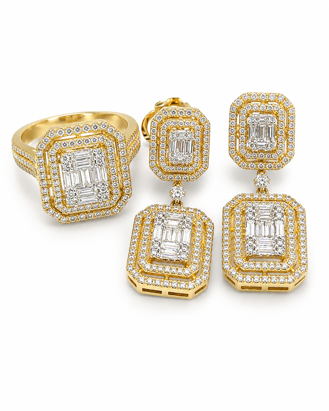 Golden Classic Emerald Twin Double Halo Paved Dangling Diamond Jewelry Set 14K