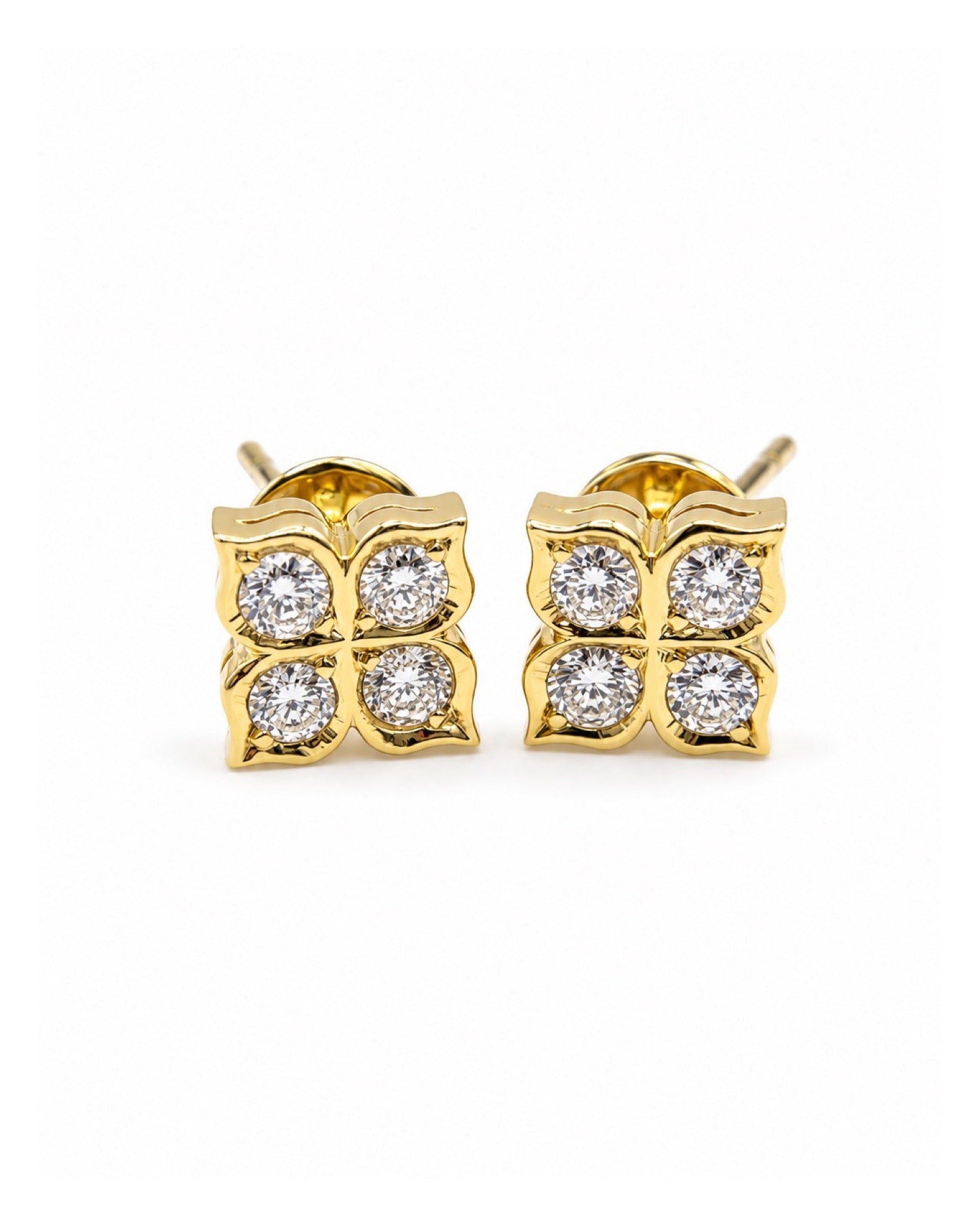 Golden Leaf Round Solitaire Stud Diamond Earrings 14K