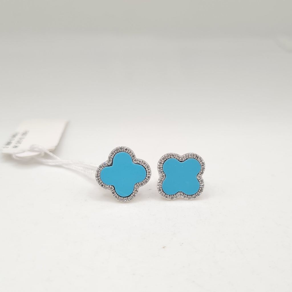 Turquoise Gemstones Clover Diamond Earrings 14K