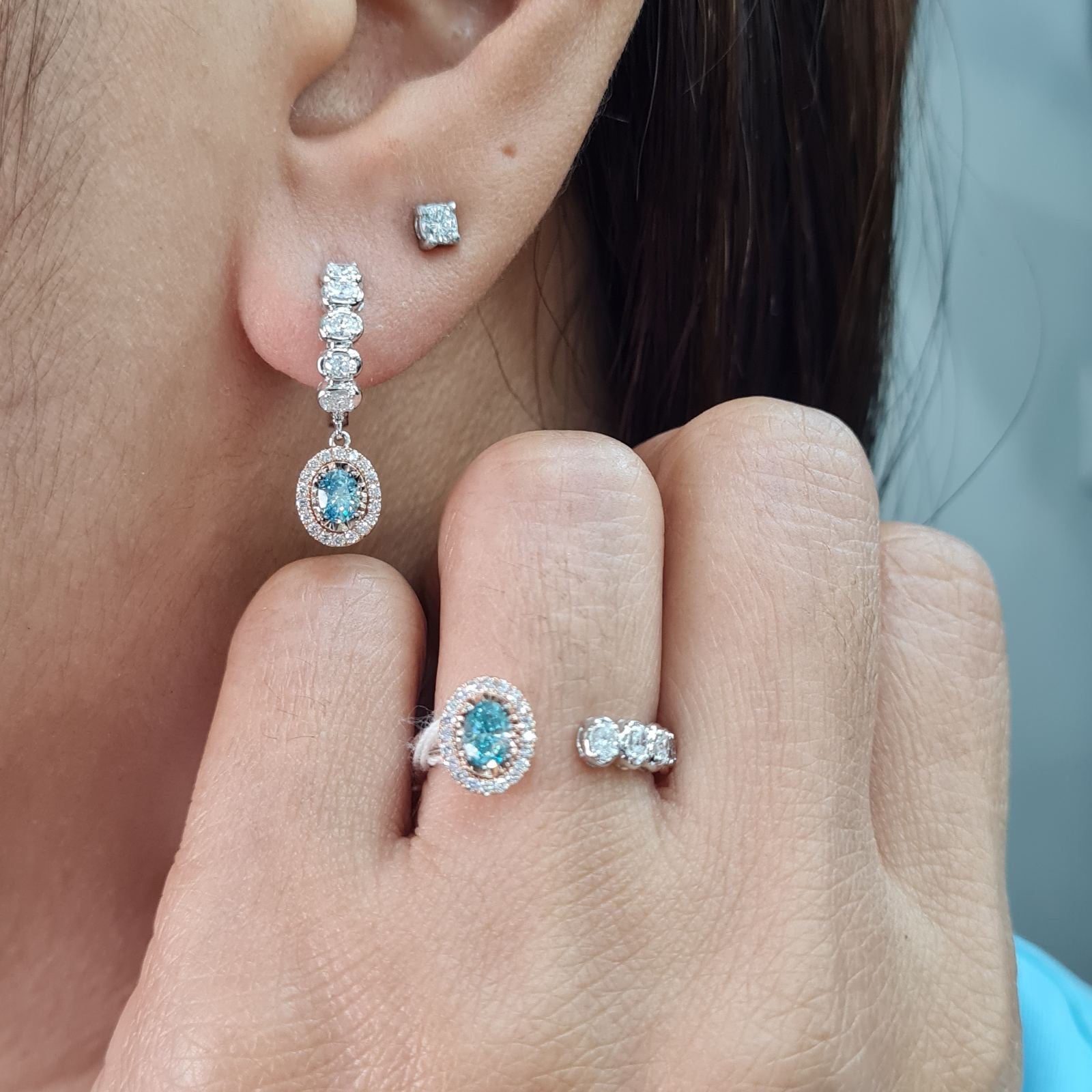 Rare Fancy Blue Diamond Overlap Hoop Dangling Diamond Jewelry Set 14K