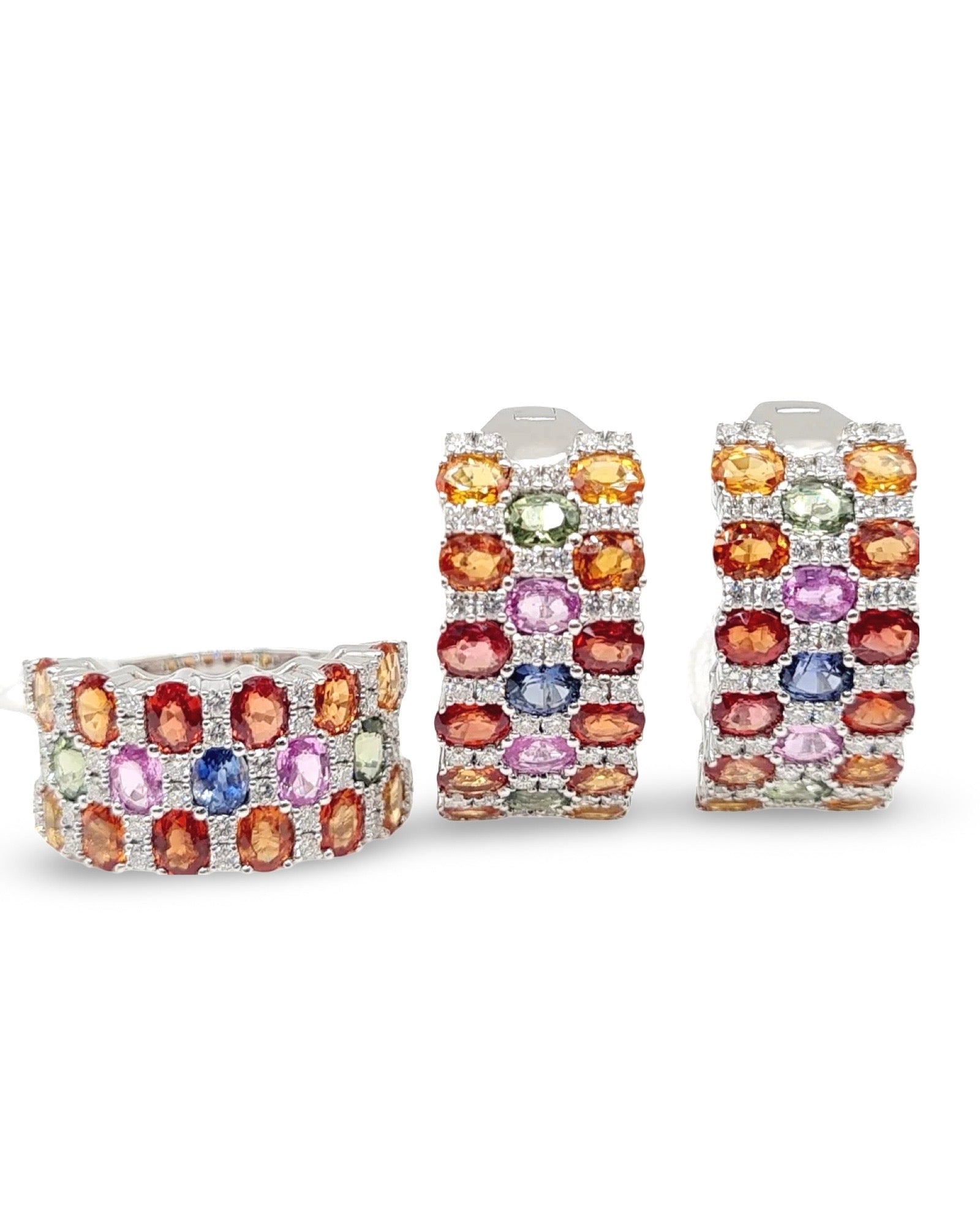 Rainbow Sapphire Gemstones Hoop Diamond Jewelry Set 14K