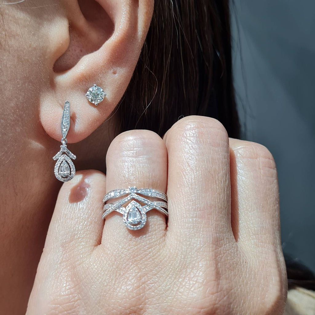 Classic Pear Halo Crown Paved Dangling Diamond Jewelry Set 14K