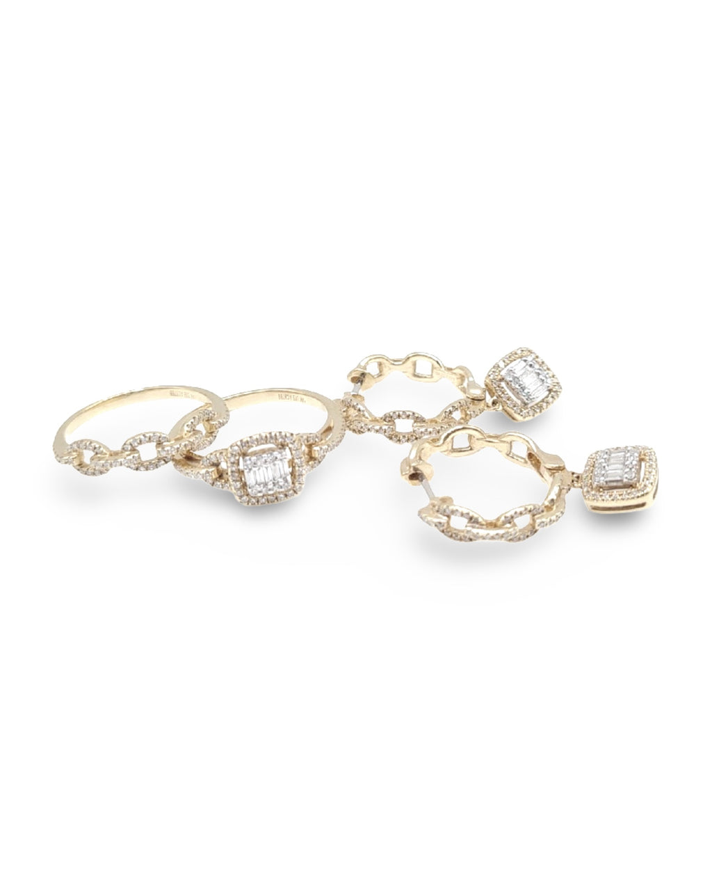 Golden Cushion Halo Paved Chain Diamond Jewelry Set 14K