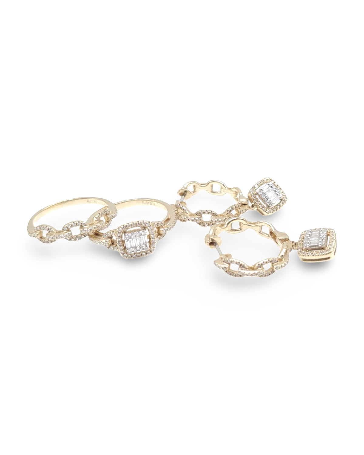 Golden Cushion Halo Paved Chain Diamond Jewelry Set 14K