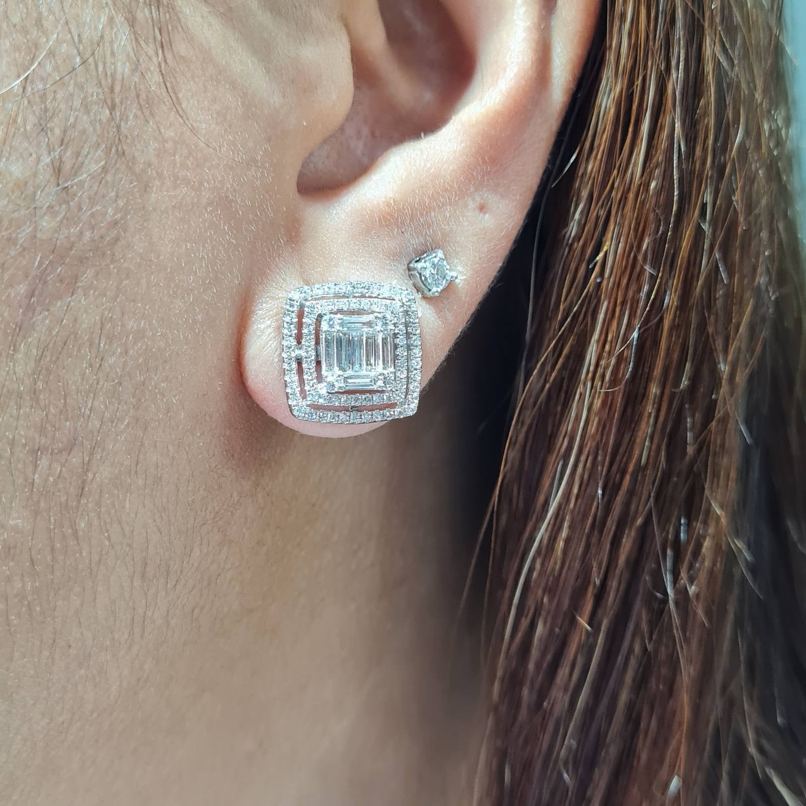 Classic Square Emerald Baguette Halo Diamond Earrings 14K