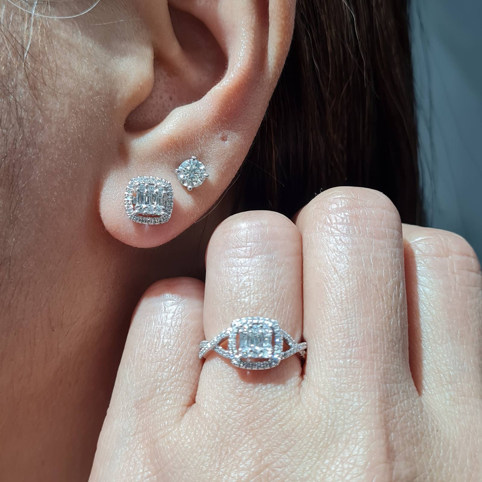 Classic Cushion Halo Twisted Paved Diamond Jewelry Set 14K