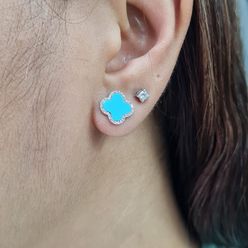 Turquoise Gemstones Clover Diamond Earrings 14K