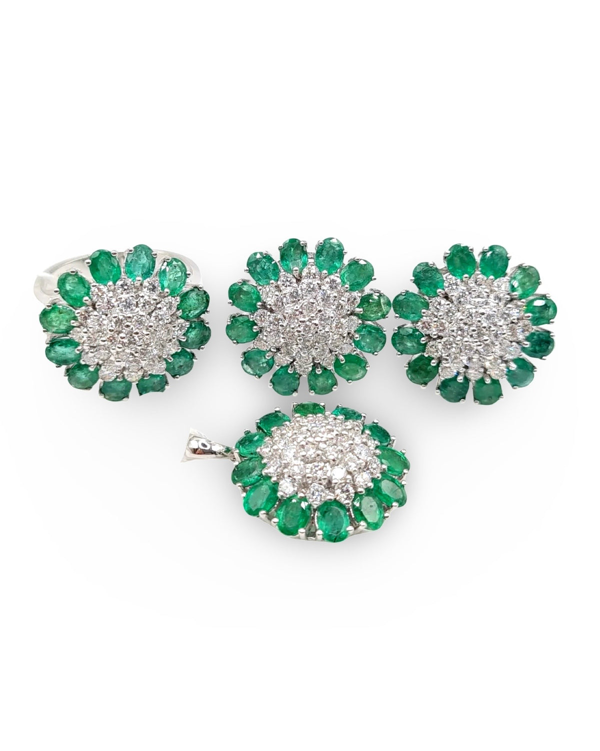 Oval Green Colombian Emerald Gemstones Flower Diamond Jewelry Set 14K