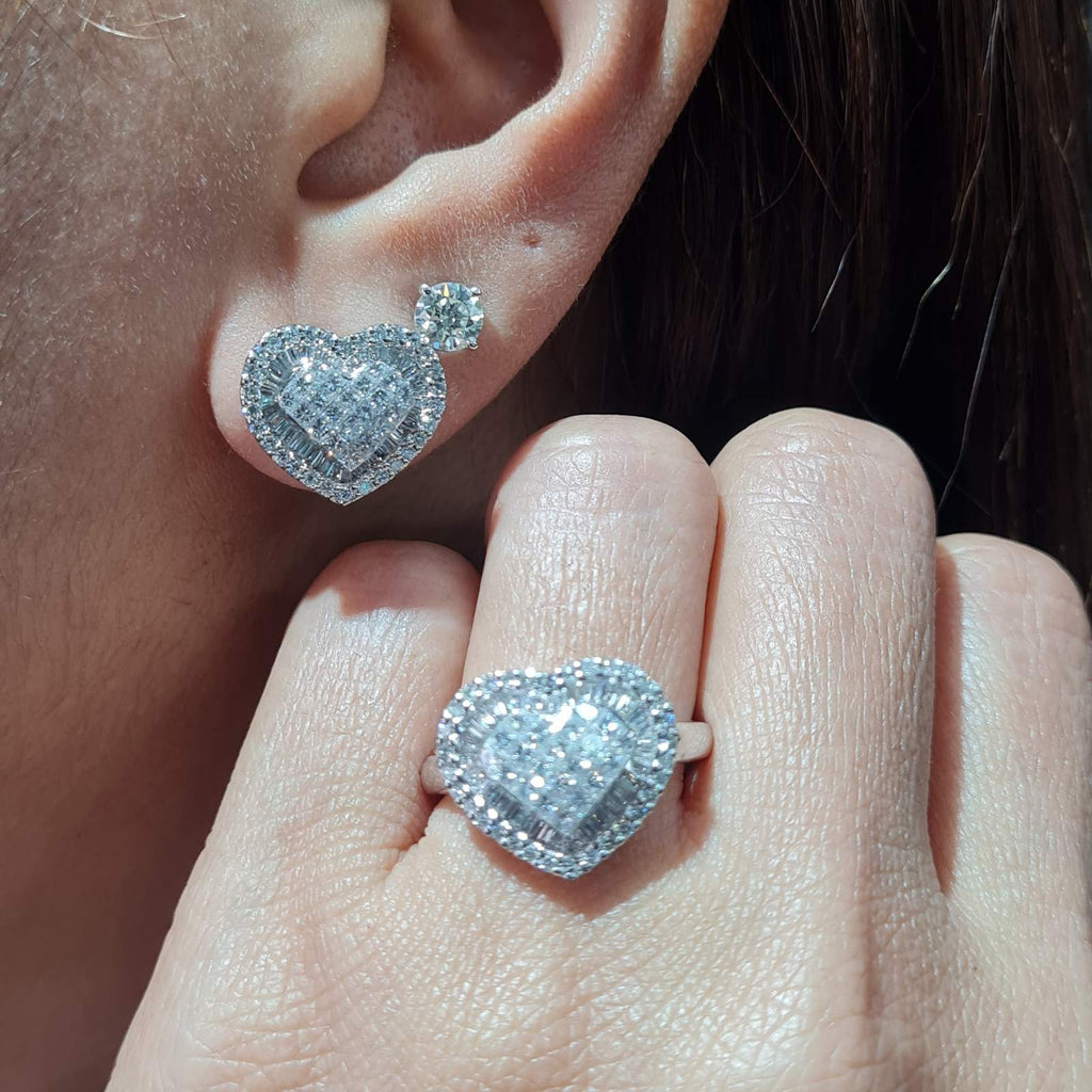 Classic Heart Invisible Setting Stud Diamond Jewelry Set 18K
