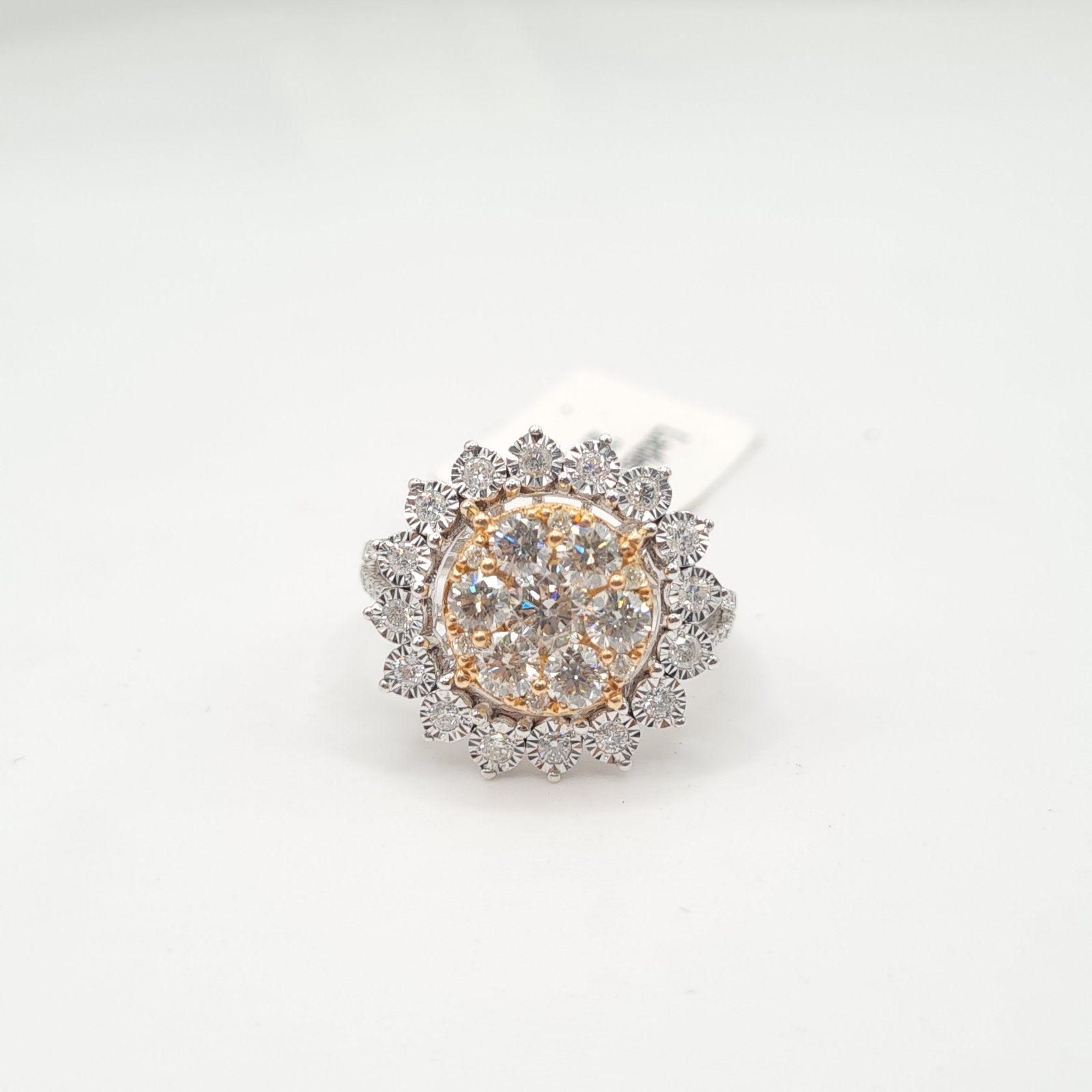 Two Tone Round Sunburst Diamond Ring 18K