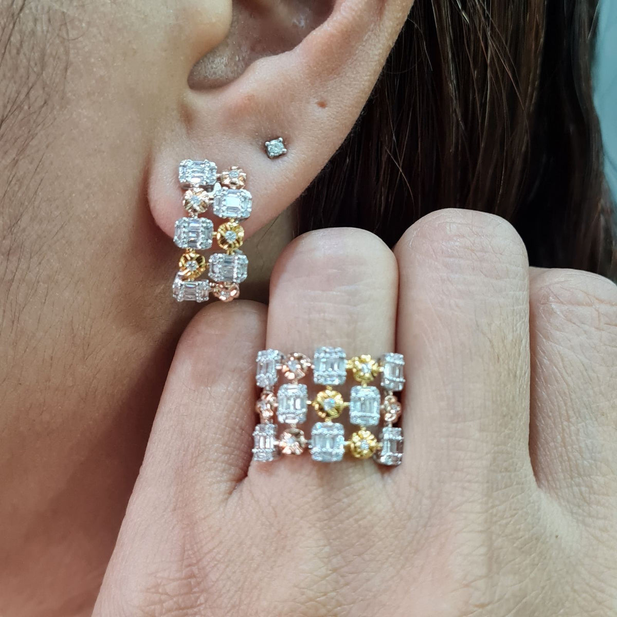 Two Tone Layered Round Baguette Deco Diamond Jewelry Set 14K