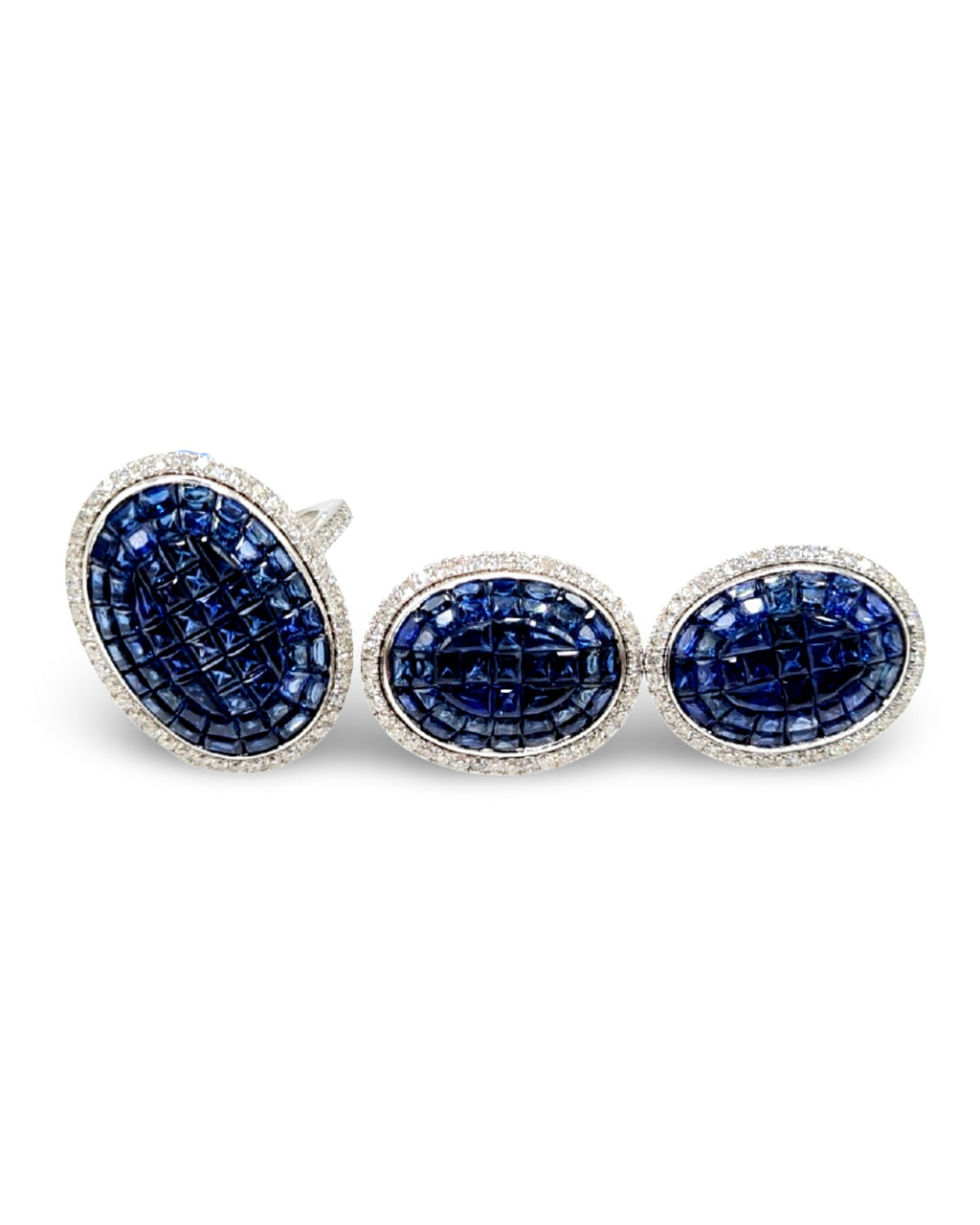 Oval Blue Sapphire Gemstones Statement Diamond Jewelry Set 18K