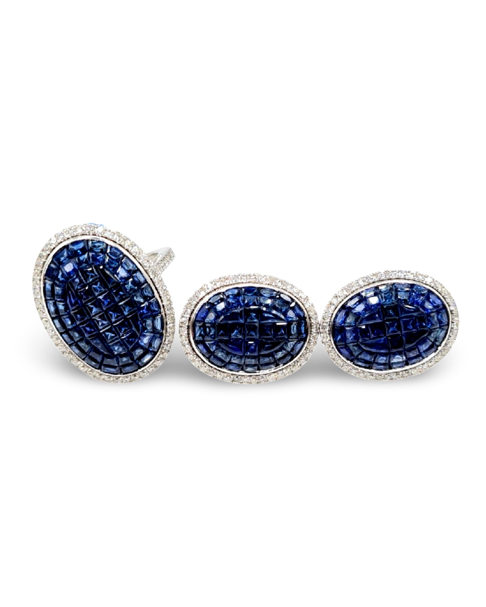 Oval Blue Sapphire Gemstones Statement Diamond Jewelry Set 18K