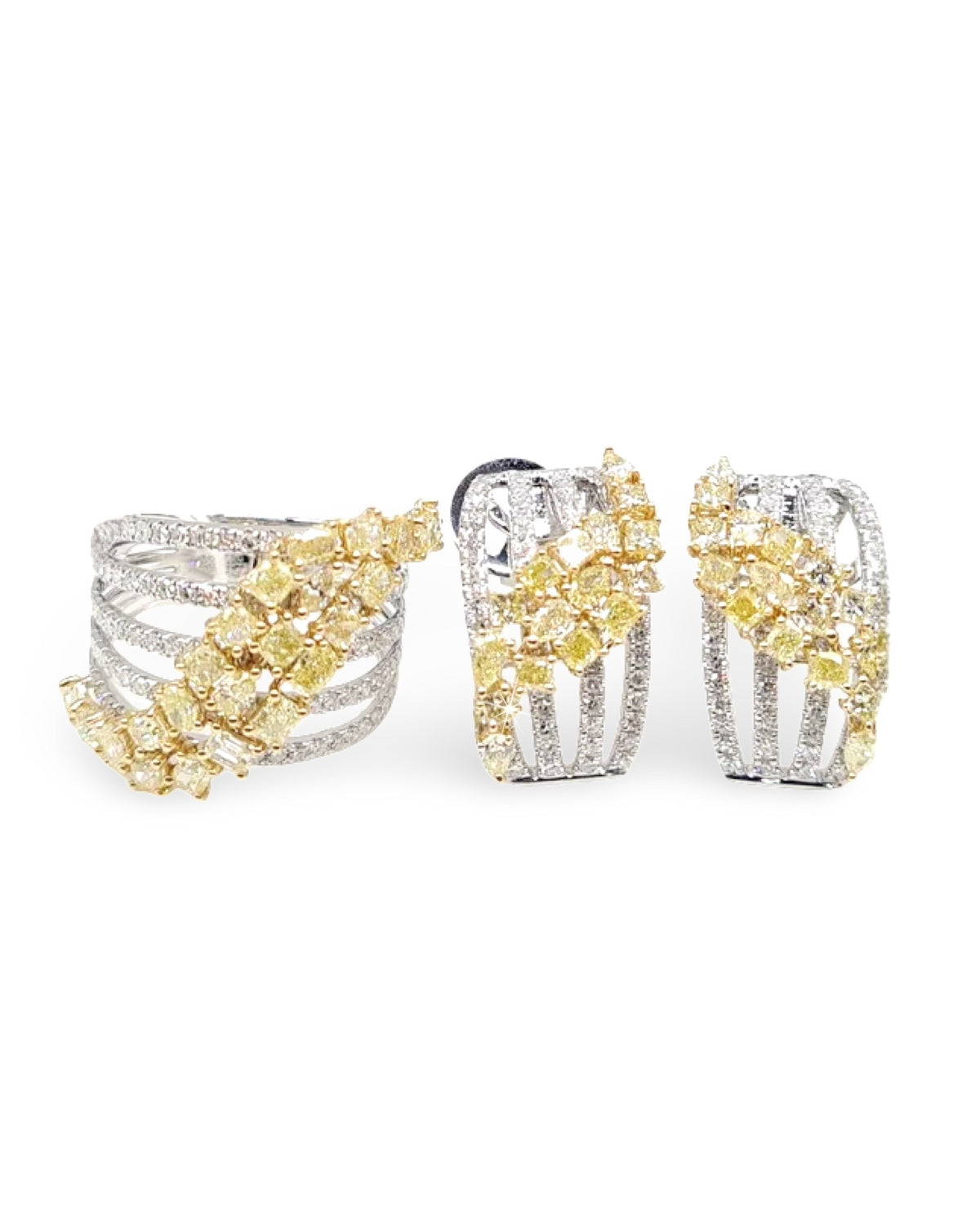 Rare Fancy Yellow Diamonds Cluster Diamond Jewelry Set 14K